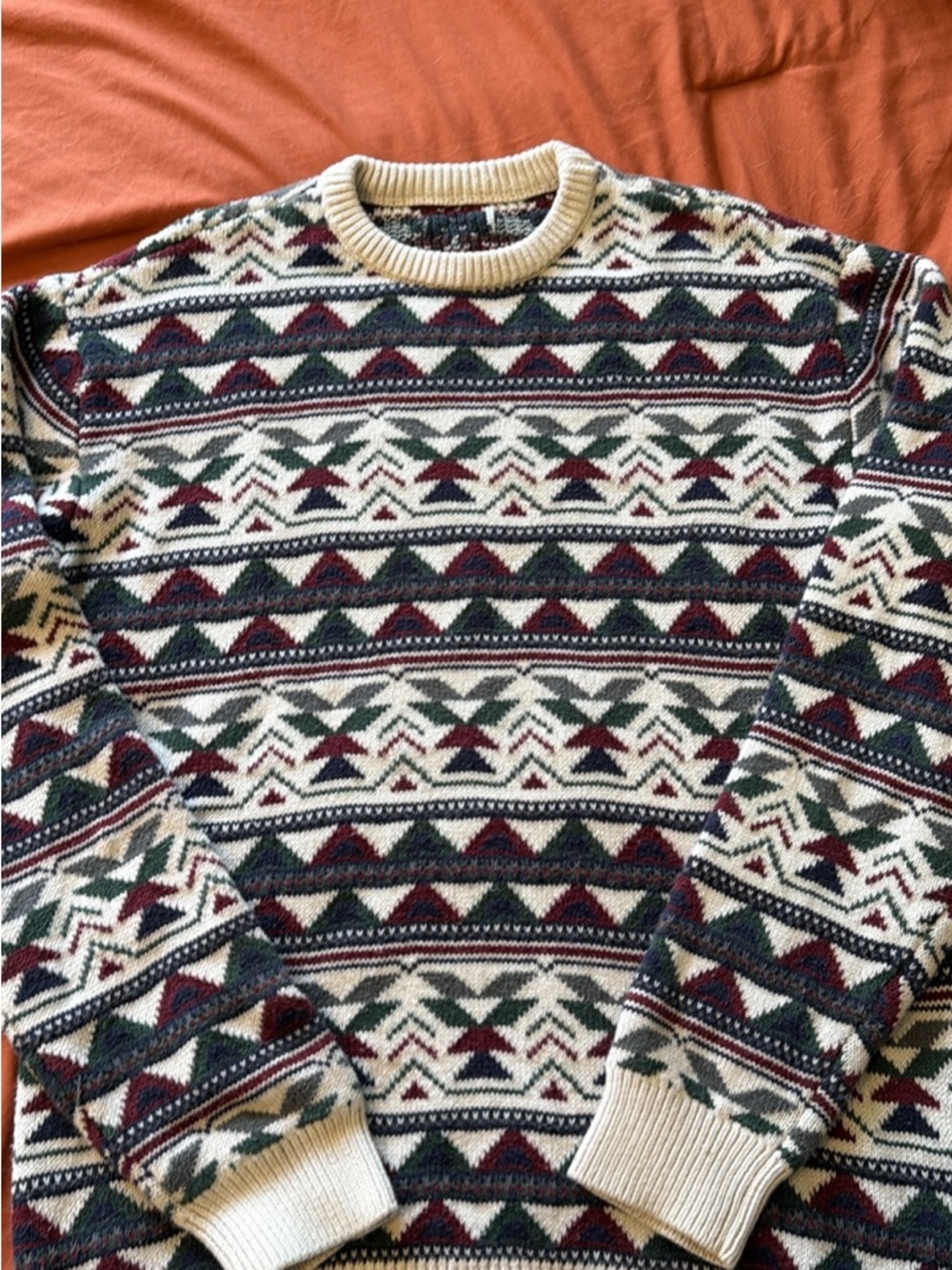 Classic Geometric Crewneck Sweater - Ivory with Green & Burgundy
